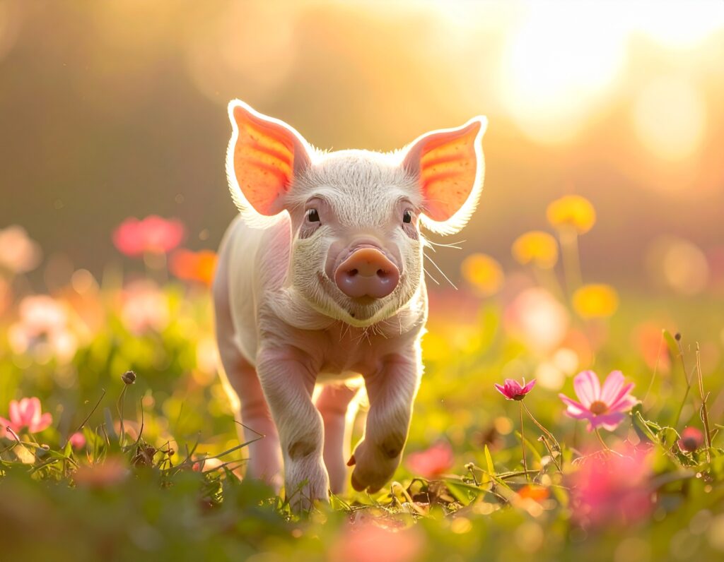 햇살 가득한 꽃밭을 걷는 사랑스러운 아기 돼지 adorable piglet walking through a sunlit flower meadow
