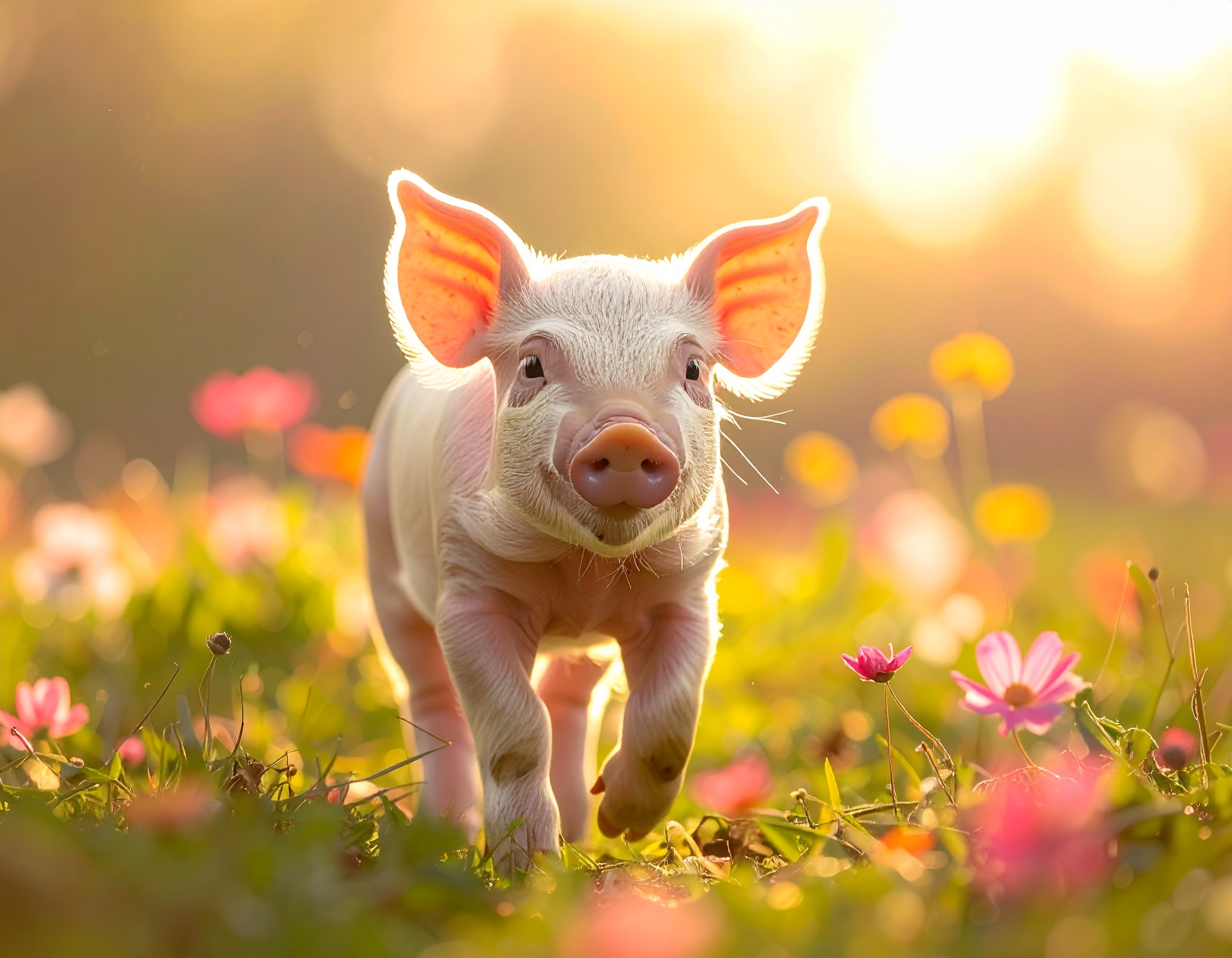 햇살 가득한 꽃밭을 걷는 사랑스러운 아기 돼지 adorable piglet walking through a sunlit flower meadow